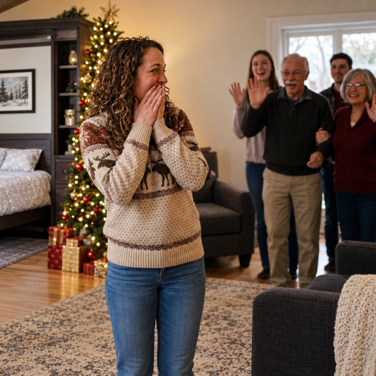 Woman surprised by family arriving for the holidays