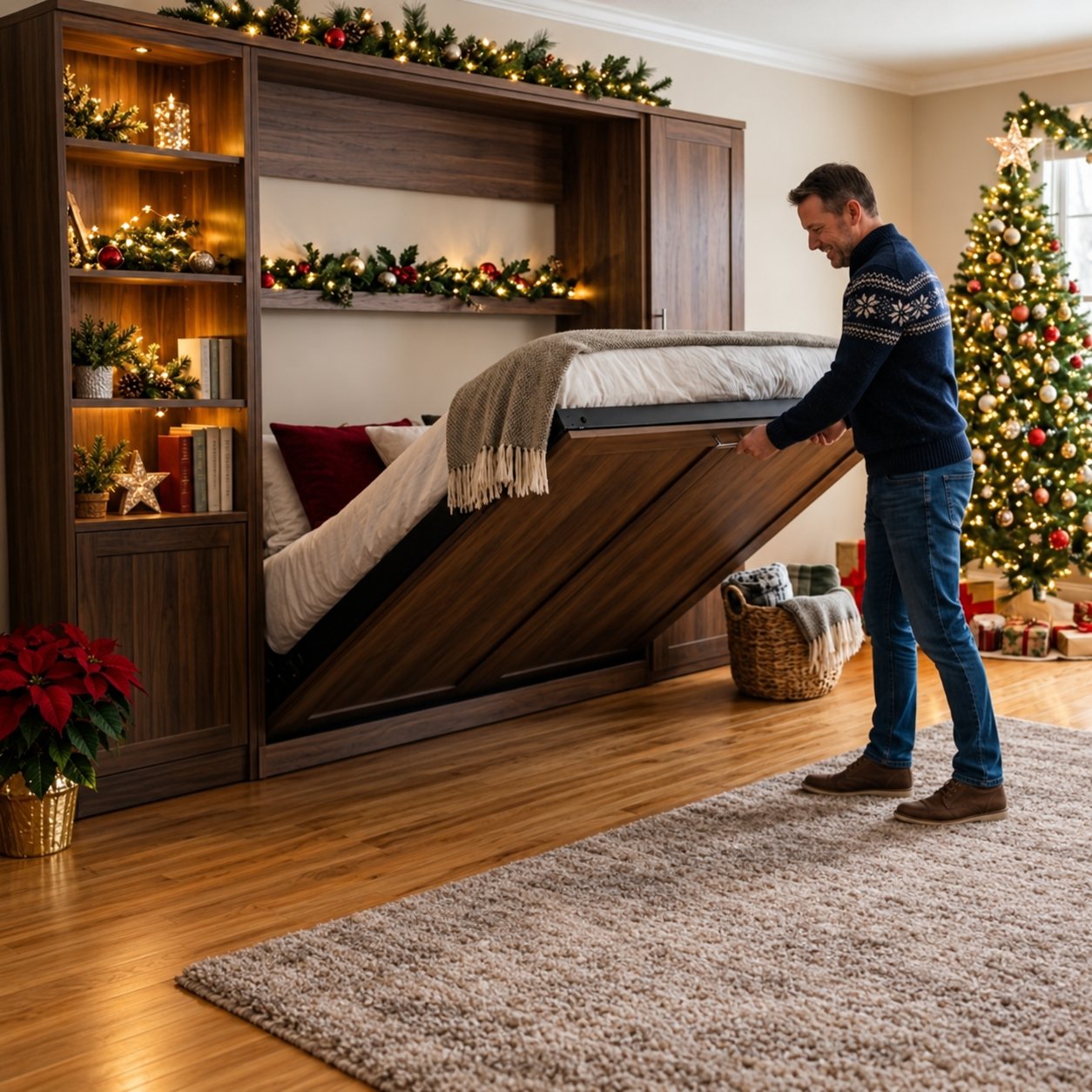 Man lowering a wallbed beside a Christmas tree