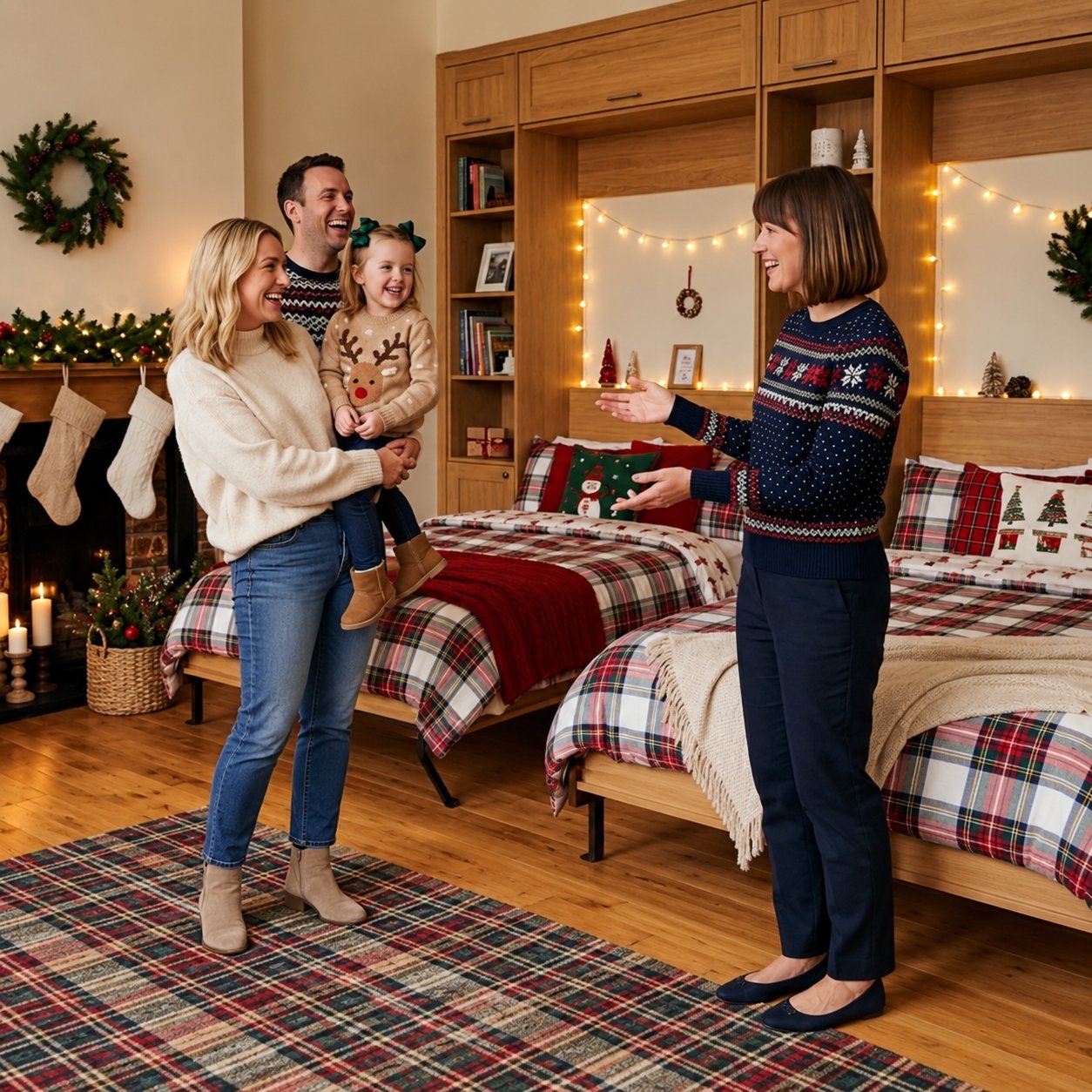 Family visiting a holiday guest room with two wallbeds