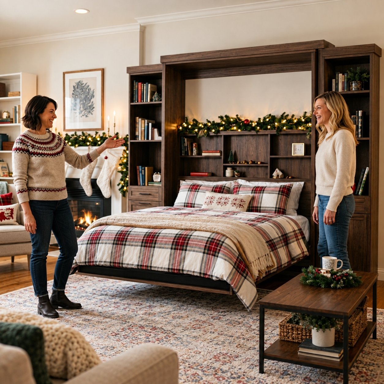 Two women in a cozy holiday living room with an open wallbed and bookshelves